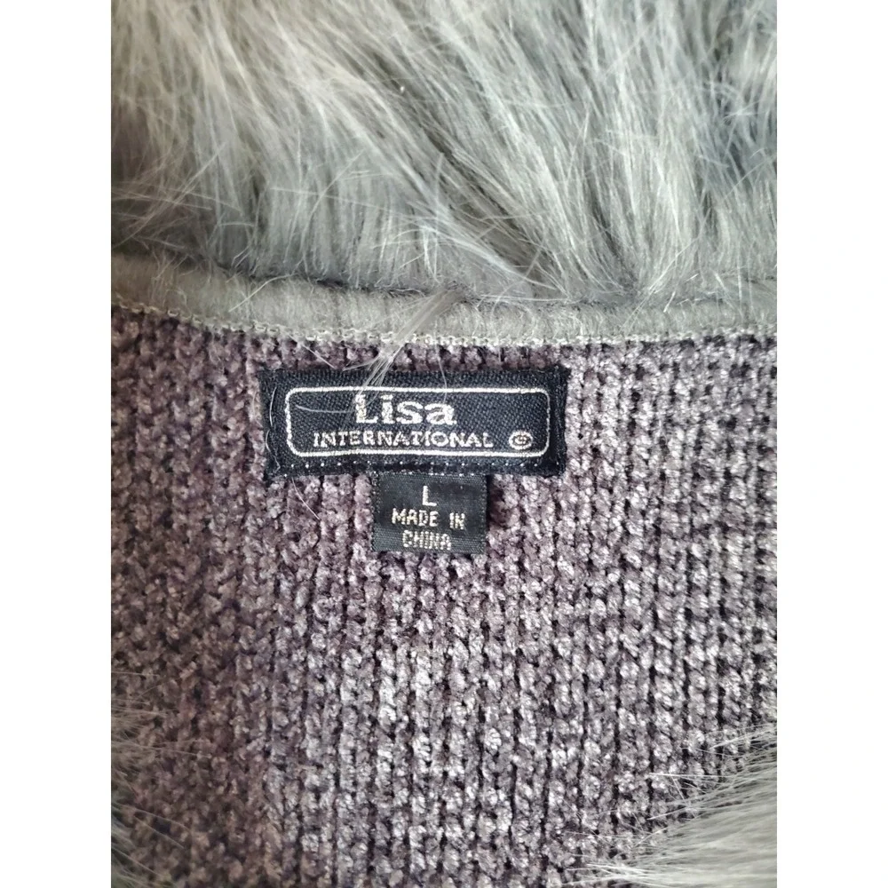 Vintage Lisa Gray‎ Sweater Jacket Faux Fur Collar Silver Turn Lock Buttons Large